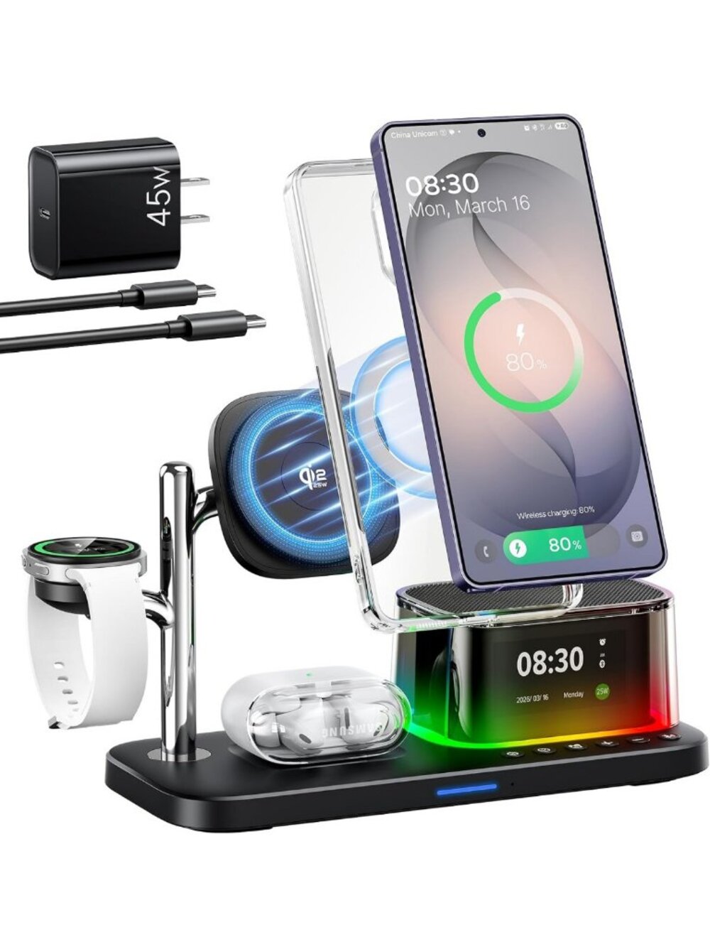5-in-1 Charging Station with Bluetooth Speaker, Alarm Clock & Night Light - Fast
